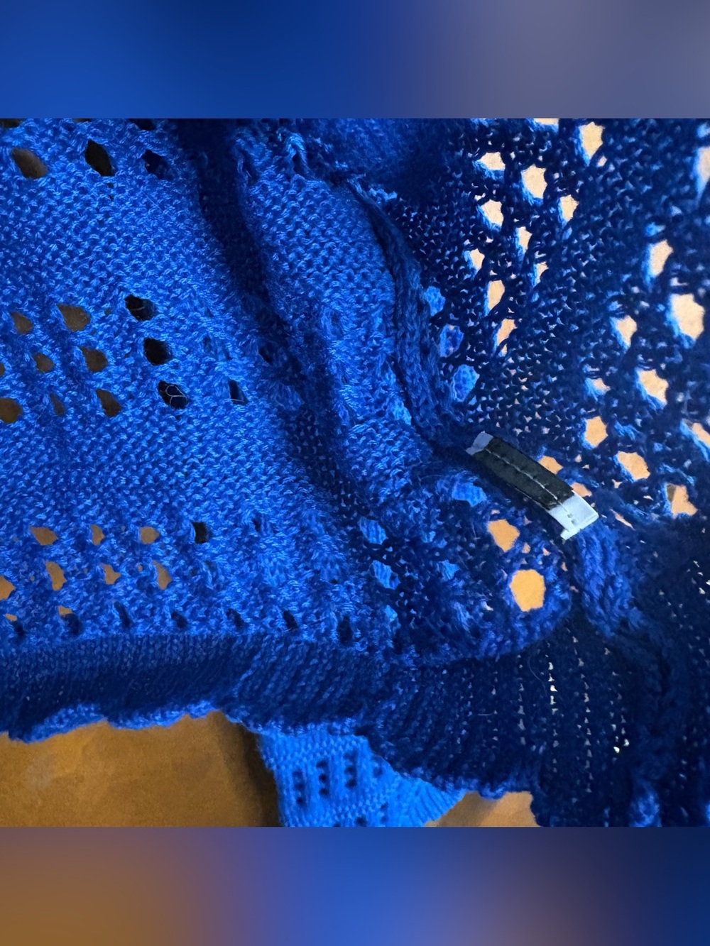 Blue Cropped Open Knit Crochet Tie Front Flyaway Cardigan Sweater Bell Sleeve - Picture 7 of 7